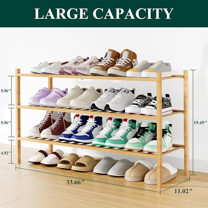Smiry Bamboo Shoe Rack, 12 Vertical Slats, 3 Tier - 33.7" Wide, Natural | Stackable Free Standing Wooden Shoe Organizer, Wood Shoe Storage Shelf for Closet, Entryway