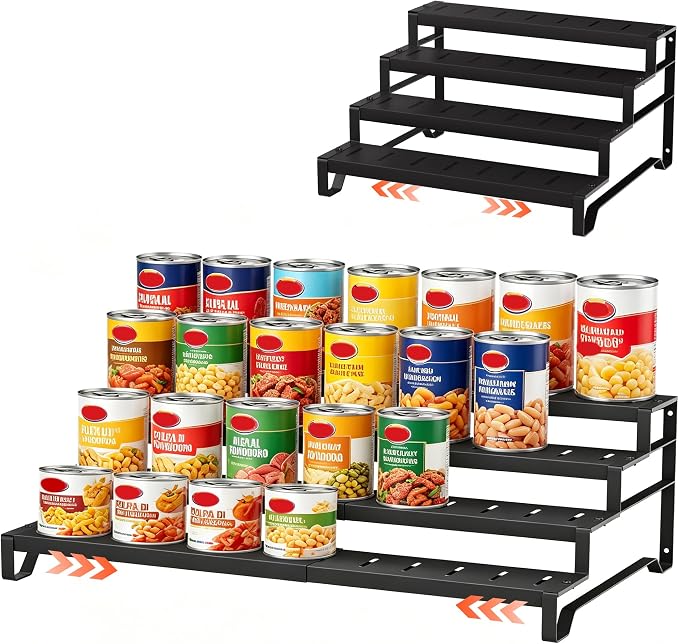 Expandable Can Organizer for Pantry, 4 Tier Metal Canned Food Storage | 13"-21" Adjustable Length, Tiered Reversible Shelf Design, Large-Capacity Storage for Kitchen Cabinets & Countertops