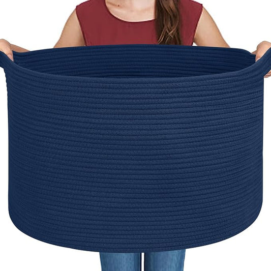Dark Blue Basket for Organizing, 22" x 14" Extra Large Woven Cotton Rope Laundry Basket, Blanket Storage for Living Room Bedroom, Big Nursery Kids Toy Box Organizer, Pool Towel Storage Bin