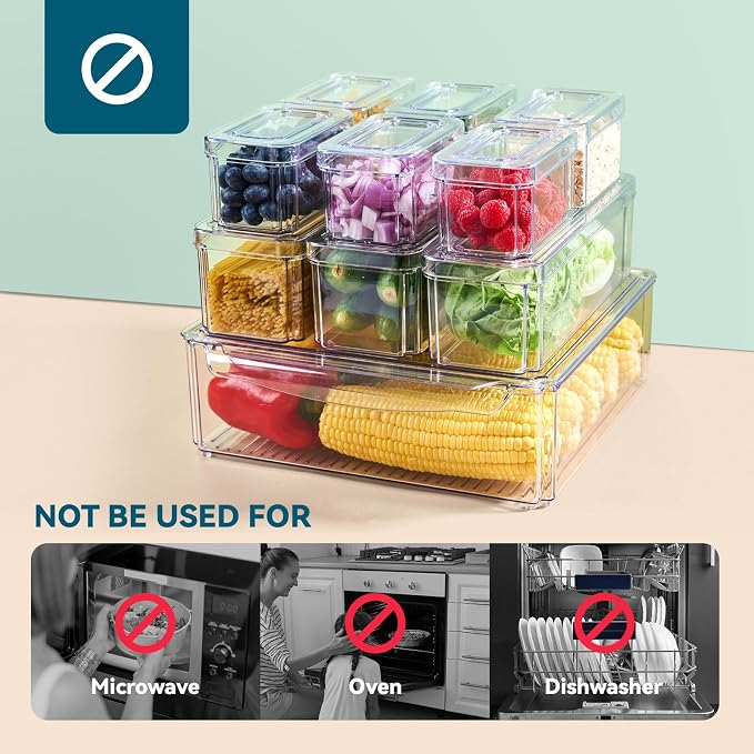 10 Pack Fridge Organizers and Storage, Clear Fridge Organizer Stackable | Fridge Organizer Bins with Lids, Refrigerator Storage Containers for Kitchen, Food, Cabinets, Fruits, Vegetables