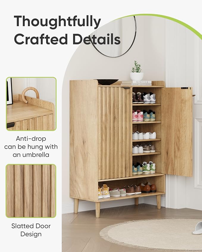 Shoe Cabinet, Large 6-Tier Shoe Storage Cabinet with Fluted 2 Doors, 44" Tall Freestanding Entryway Shoe Cabinet with Adjustable Shelves, Modern Shoe Organizer Cabinet, Shoe Rack Cabinet ( Oak)
