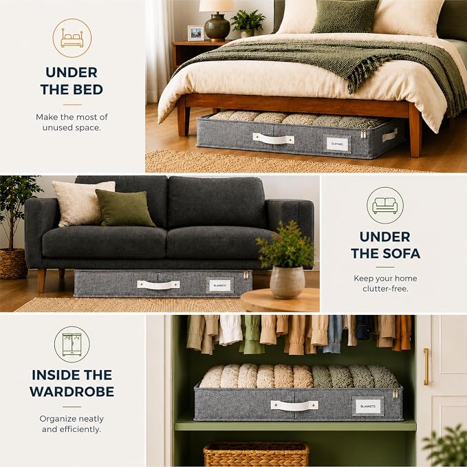 2pc Under Bed Storage Containers, Bedroom Under the Bed Drawer Storage Organizer with Bins and Lids, Medium Underbed Clothes Storage Box Ideal for Blanket, Fabric, & Shoes (LightGray)