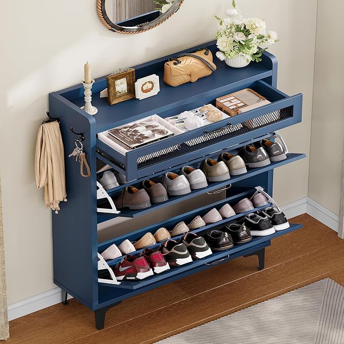 Shoe Cabinet with 2 Flip Drawers & Top Drawer, Farmhouse Narrow Shoe Storage Cabinet with Adjustable Shelves & Hooks, Freestanding Hidden Slim Shoe Rack Cabinet for Entryway, Hallway, Blue