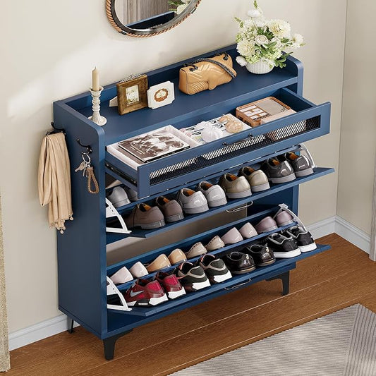 Shoe Cabinet with 2 Flip Drawers & Top Drawer, Farmhouse Narrow Shoe Storage Cabinet with Adjustable Shelves & Hooks, Freestanding Hidden Slim Shoe Rack Cabinet for Entryway, Hallway, Blue