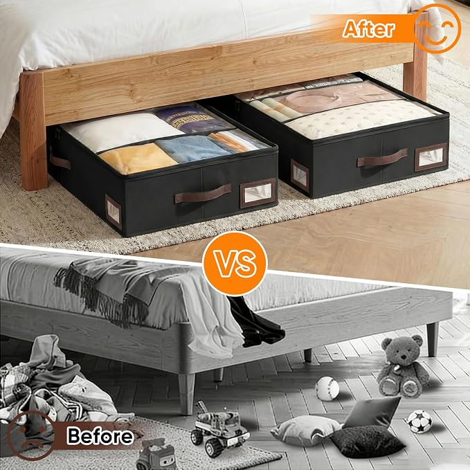 OIAHOMY 2 Pack 38L Under Bed Storage with Adjustable Dividers, 6" Low Profile Underbed Storage Bins for Comforters & Clothes, Save Closet Space with Clear View Lid & Reinforced Handles, Black