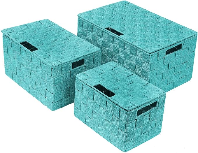 Sorbus Set of 3 Hand-Woven Storage Baskets with Lids – Decorative Wicker Organizers for Home, Closet, or Shelves (Aqua)