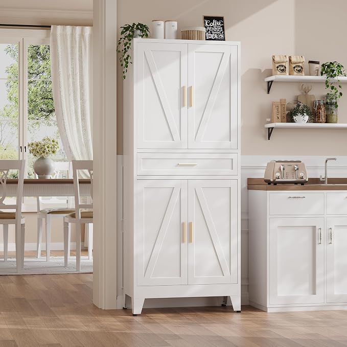 71“H Metal Kitchen Pantry Cabinet with Drawers,White Kitchen Pantry Cabinets,Tall Food Storage Cabinets,Free Standing Pantry Cabinet with 4 Doors,Farmhouse Pantry Cabinets