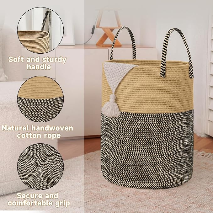 JMvicyroam 80L Cotton Rope Laundry Basket Hamper, Brown and Black | Collapsible laundry basket, reinforced handles, freestanding, machine washable, holds 3-5 thick blankets, clothes or toys