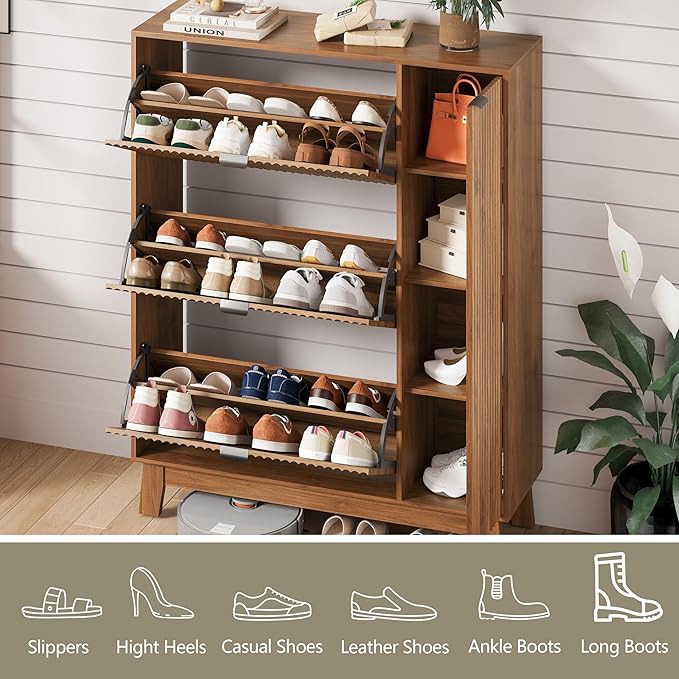Shoe Cabinet Storage for Entryway with 3 Flip Drawers & Side Cabinet, Fluted Narrow Shoe Organizer with Wooden Leg, Freestanding Shoe Storage Hidden Shoe Rack Organizer for Front Door Entrance, Walnut