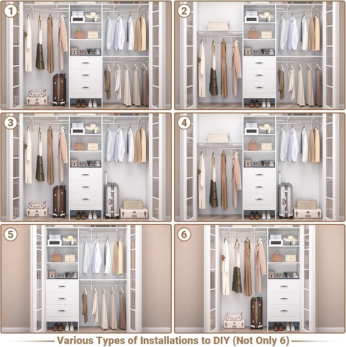 Besiost Closet System with Drawer - 8FT Wood Closet Organizer System with 3 Hanging Rods and Shelving Tower, 96" Walk In Closet Organizer Wardrobe, Heavy Duty Garment Rack Clothes Rack, White