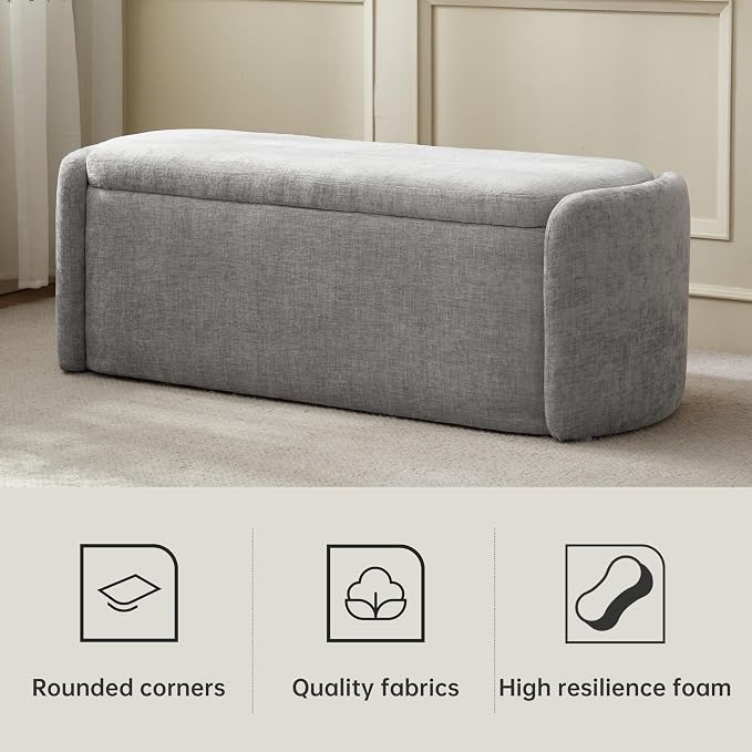 VKNOW 46" Oval Storage Ottoman Bench, Upholstered End of Bed Bench Ottomans Bench Foot Rest, Sherpa Storage Bench for Bedroom, Living Room and Hallway, Light Grey