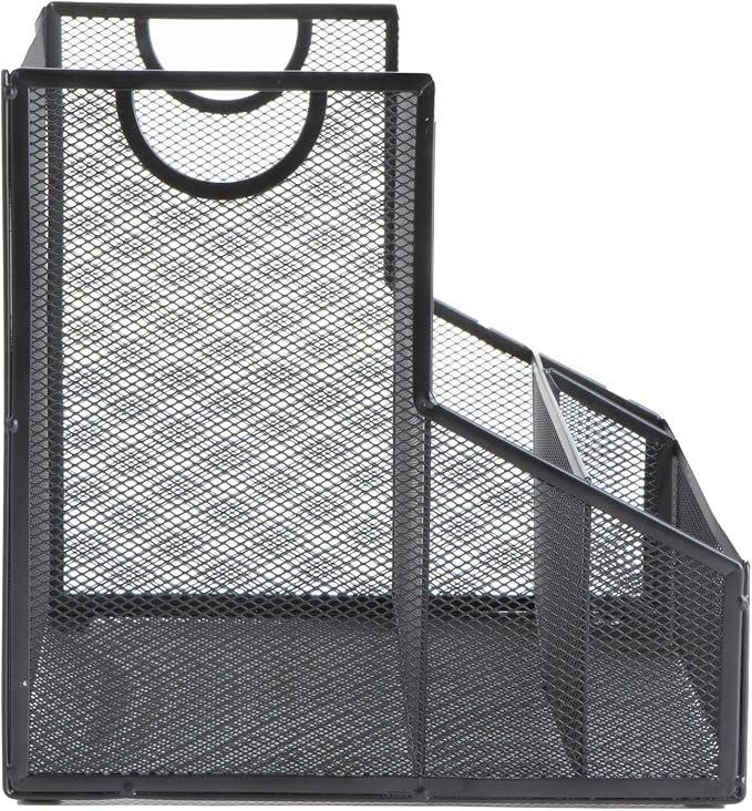 Mind Reader Desktop Organizer with Hanging File Storage, 4 Compartment Letter Size File Holder, Metal Mesh Desk Organizer for Office and Home, Black