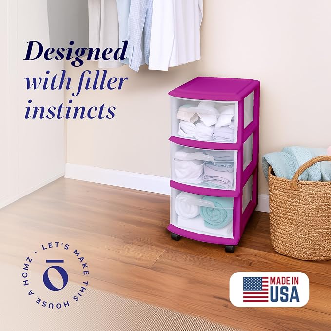 HOMZ Drawer Tower, 3-Tier Clear Plastic Storage Organizer Cart, Purple Frame - Rolling Drawer Containers with Wheels for Bathroom, Bedroom, Office, and Classroom Organization