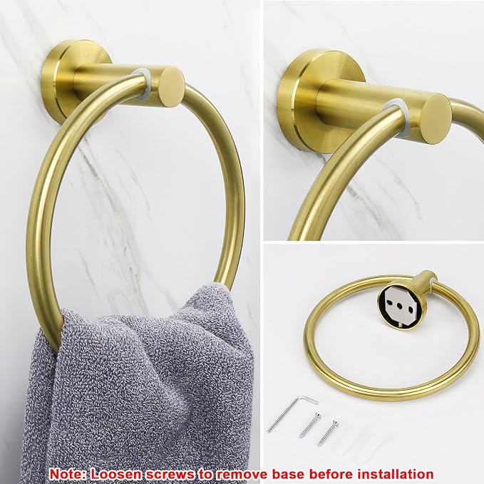 NearMoon Bath Towel Ring, Bathroom Hardware Accessories-Thicken Stainless Steel Hand Towel Holder for Bathroom, Modern Round Towel Hanger Wall Mounted (Brushed Gold, 1 Pack)