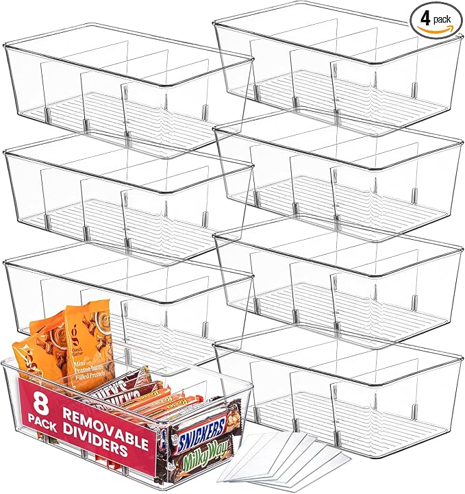 Oizeir Clear Pantry Organizer Bins 8-Pack - Fridge Organizer with 3 Removable Dividers, Ideal for Kitchen, Pantry, Refrigerator, Freezer, and Snack Storage