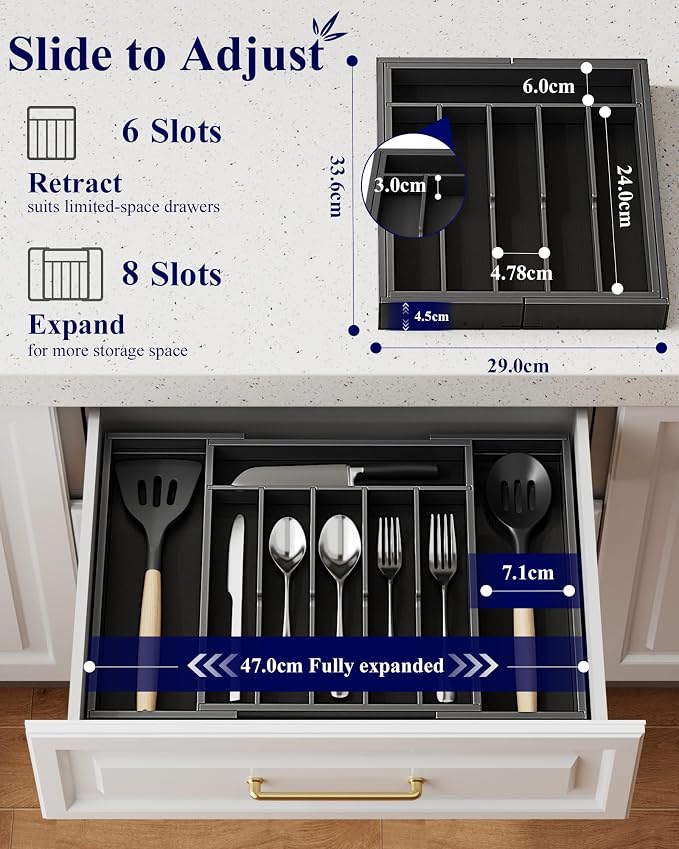 Kitsure Silverware Organizer, Bamboo Kitchen Drawer Tray, Black, Large | Expandable Drawer Kitchen Organizer, Cooking Utensils & Cutlery, Sturdy & Thickened Design, Storage Solution
