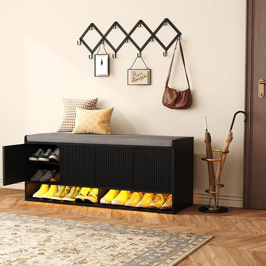 HOMEFORT 47.2" Fluted Shoe Storage Bench, Entryway Bench with Linen Seat Cushion, Shoe Cabinet Bench with Adjustable Shelf and Built-in LED Sensor Light, Bench for Bedroom End of Bed, Black