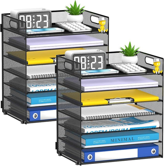 7 Tier Paper Organizer for Desk with Mesh Letter Trays and Handle 2 Pack | 2 Pack Desk File Organizer with Handle for Sorting Papers, Files, Folders, Mail, Bills and Office Supplies
