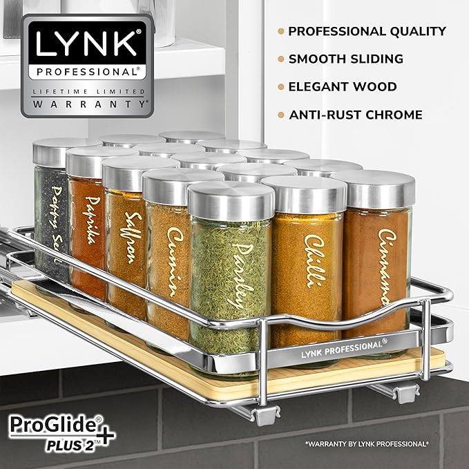 LYNK PROFESSIONAL® Élite™ Pull Out Spice Organization for Cabinets - 6-3/8 inch Wide – Spice Rack for Inside Cabinets – Wood/Chrome - Sliding Spice Rack Organizer for cabinet – Spice Rack - 1 Tier
