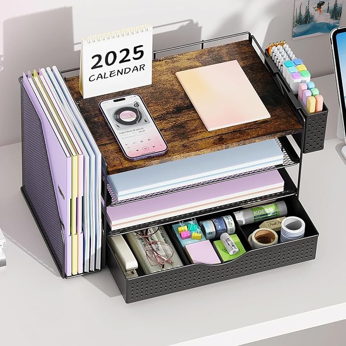 gianotter Wood Desk Organizers and Accessories with File Sorters, 4-Tier Desk Accessories & Workspace Organizers with Drawer and Pen Holder, Desk Reference Organizer (Wood, 4T with Drawer)