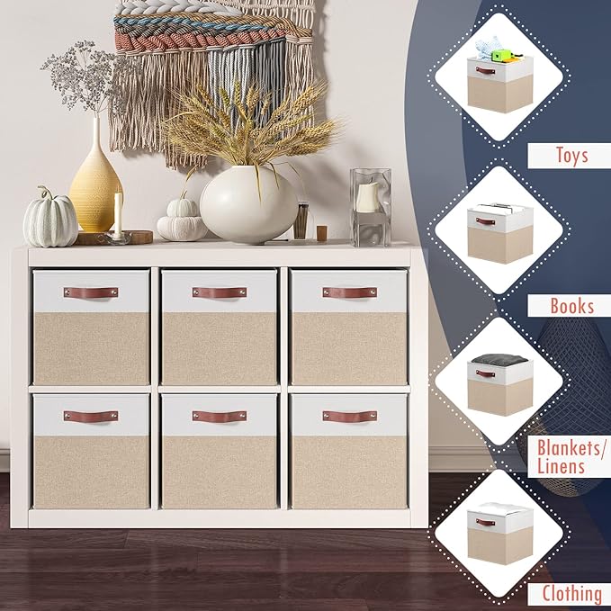 Ornavo Home 13x15x13 Foldable Fabric Storage Cube Bins, 6 Pack, White/Khaki | Collapsible Linen Shelf Basket Organizer; Leather Handles; Fits Cube Storage Shelving Units