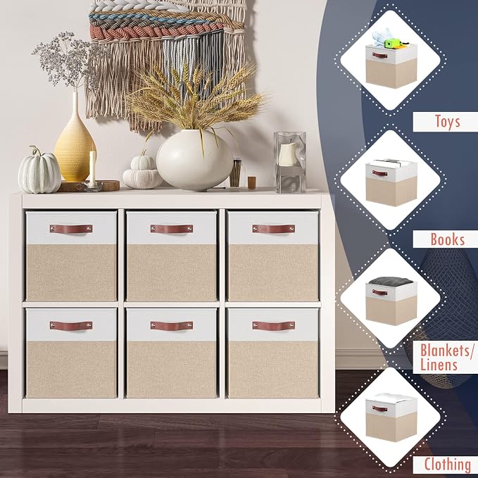Ornavo Home 11x11 Foldable Fabric Storage Cube Bins, 6 Pack, White/Khaki | Collapsible Linen Shelf Basket Organizer; Leather Handles; Ideal Cube Storage For Closet