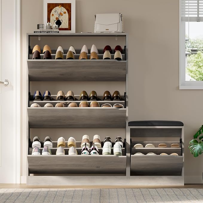 BORNOON Shoe Cabinet with Bench and 3 Flip Drawers, Slim Narrow Shoe Storage Cabinet, Freestanding Shoe Rack Organizer with Adjustable & Removable Shelves, Anti-Tip for Entryway, Hallway, Foyer