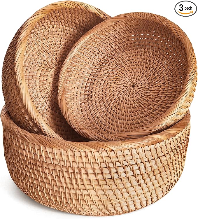 Handwoven Rattan Fruit Basket Set, Round Wicker Bread Baskets for Serving | Sturdy Well-Made Decorative Fruit Basket for Kitchen Counter, Versatile Food Baskets for Bread, Snacks, Veggies, Keys & More