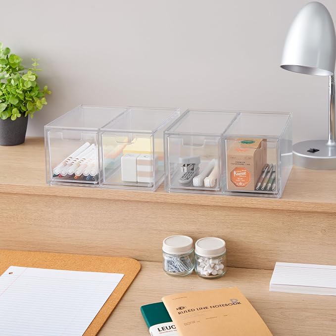 STORi Stackable Desk Organizer drawers, Clear Pen Pencil Makeup Brush drawers for Desktops and Vanities, 4 Tall Drawers (Made in USA)