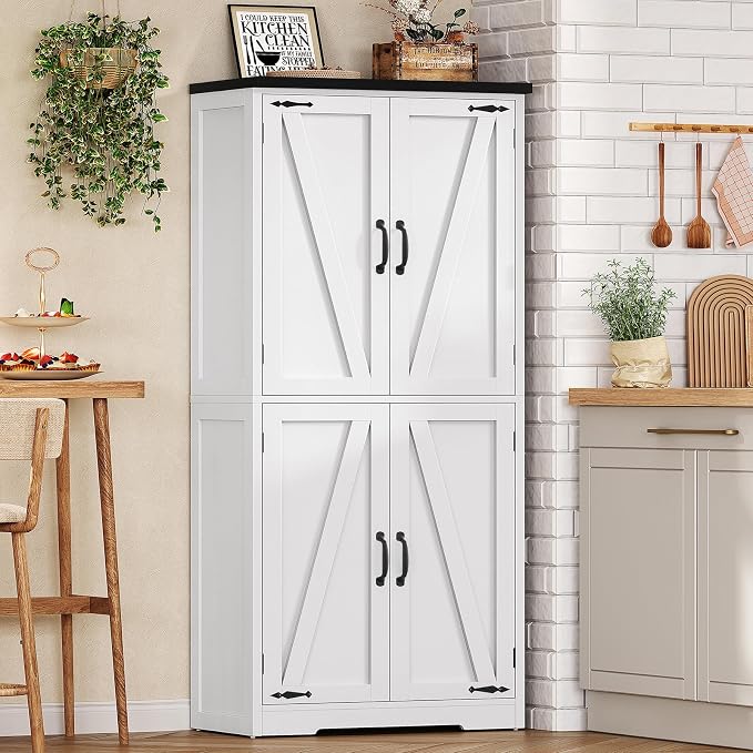 58" H Storage Cabinet,Farmhouse Kitchen Pantry Cabinet with 4 Doors | Bathroom Cabinet with Adjustable Shelf, Cupboard for Kitchen, Bathroom, Living Room, White