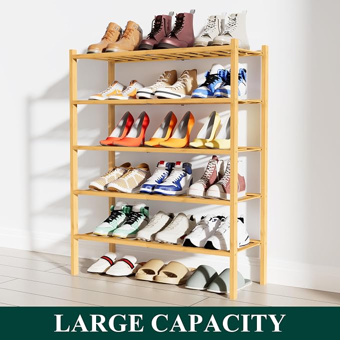 Smiry Bamboo Shoe Rack, 12 Vertical Slats, 5 Tier - 26.8" Wide, Natural | Stackable Free Standing Wooden Shoe Organizer, Wood Shoe Storage Shelf for Closet, Entryway