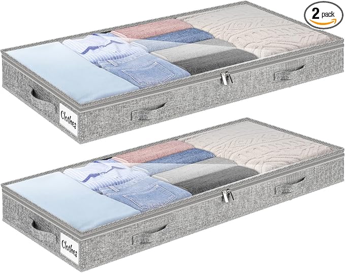4 Inch Low Profile Under Bed Storage Drawer 2 Pack, Lightweight Underbed Clothes Storage Container Bins With NO STURCTURE, Shallow Storage Bag for Dorm & Home, With Clear Lids & Water-Resistant Fabric