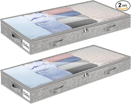 4 Inch Low Profile Under Bed Storage Drawer 2 Pack, Lightweight Underbed Clothes Storage Container Bins With NO STURCTURE, Shallow Storage Bag for Dorm & Home, With Clear Lids & Water-Resistant Fabric