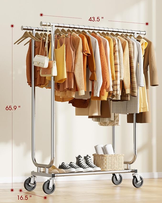 Sakugi Heavy Duty Stainless Steel Rolling Clothes Rack with Mesh Shelf, Lockable Wheels & Anti-Slip Stoppers, Large Capacity Clothing Organizer for Bedroom, Laundry Room, 43.5" x 16.5" x 65.9", Silver
