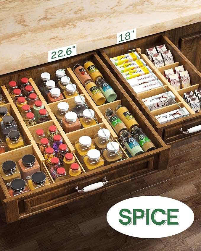 kiplant Kitchen Drawer Dividers - Adjustable Drawer Organizer for Clothes, Kitchen, Closet & Office - 8 Pack with Inserts, 18-22.6 Inches, Non-Slip Silicone Ends