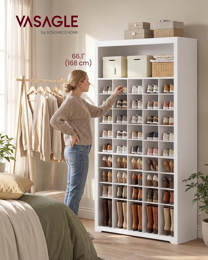 VASAGLE Tall Shoe Cabinet, Farmhouse Shoe Storage Organizer for Entryway, Vertical Wood Rack Holds 50 Pairs, 39.4 x 13.2 x 75.4 inch, Cloud White, Helan Collection ULBS275WB01S