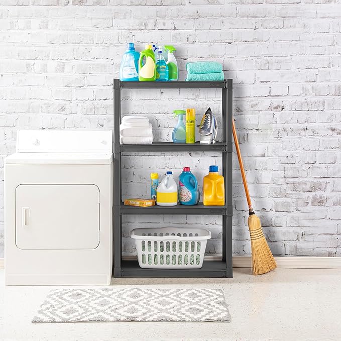 Sterilite 4 Shelf Unit, Heavy-Duty Plastic Utility Storage Rack, 3-Pack | Freestanding Shelving Organizer with 50 lb Capacity Per Shelf for Kitchen, Bathroom, Garage, Basement, Pantry & Laundry Room