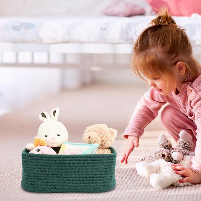 XUANGUO Small Woven Storage Baskets for Shelves, 13" x 9" x 5", Dark Green | Decorative rope storage bins for closets and toy storage; cute organizer baskets, empty gift baskets and nursery storage.