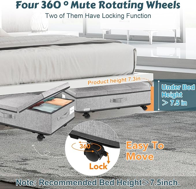 Supowin Under Bed Storage with Wheels, 2Pack Rolling Underbed Storage | 7.3 Inches Tall Under the Bed Container with Lids, Reinforced Handle, Reinforced Metal Bottom Support, 360° Rotating Wheels