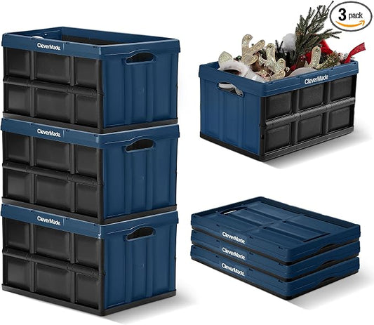 CleverMade Collapsible Storage Bins, 46L, 3 Pack, Ocean | Each bin supports 75 lb for groceries, tools, or gear. Interlocking bases stack securely, and the bins fold to 2.75 inches.