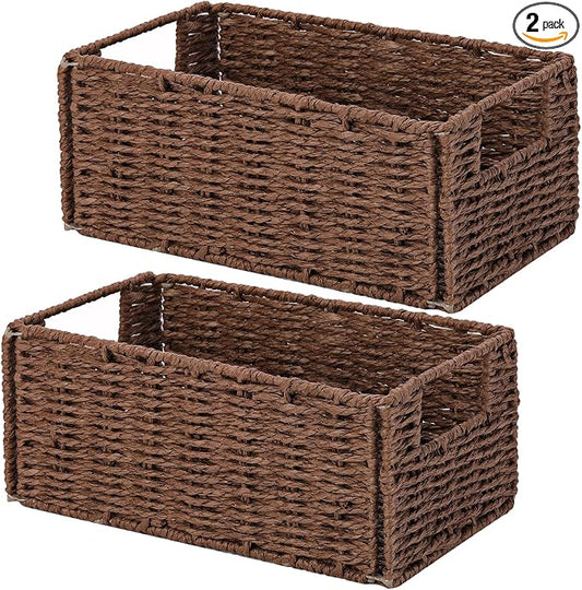 Vagusicc Wicker Storage Basket, Set of 2 Hand-Woven Paper Rope Wicker Basket, Small Storage Baskets for Organizing Toilet Paper Basket, Foldable Large Cube Storage Organizer Bins for Shelves (Brown)