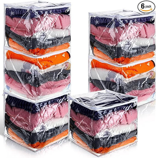 6 Packs Clear Zippered Storage Bags 12 x 12 x 12 Inch Sweater Moth Bags Vinyl Plastic Storage for Blankets Clothes Bed Sheet Organizer with Zipper for Closet Linen Sweater Clothes Comforters Pillow