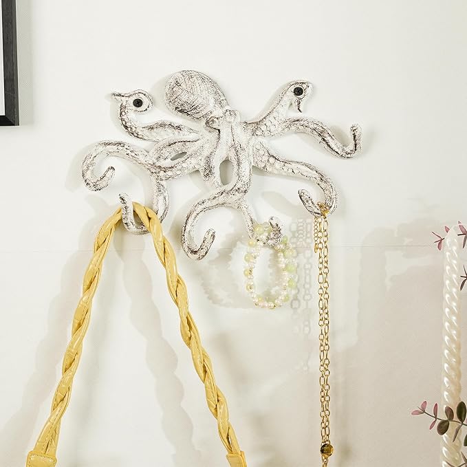 Sungmor Cast Iron Key Holder for Wall, White Octopus Hanger with 6 Hooks, | Wall Hooks for Towel, Bathrobe, Necklaces, Purse, Dog Leashes, Bathroom Nautical Decor