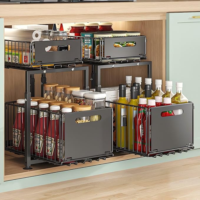 Under Sink Organizer, 2-Tier Multi-Use Kitchen and Bathroom Organizers and Storage, Slide Out Thickened Metal Under The Sink Organizer for Kitchen Bathroom Pantry (Style A White, 1 Pack)