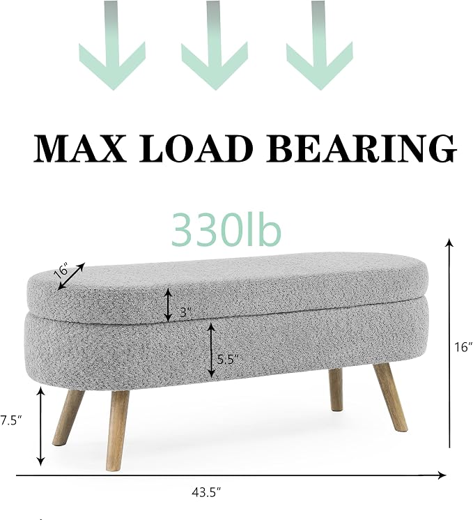 43.5" Ottoman with Storage, Storage Ottoman Bench with Safety Hinge, Foam End of Bed Bench, Upholstered Entryway Bench for Bedroom, Living Room & Window, Holds up to 330 lb, Grey