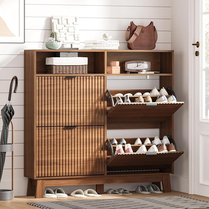 Shoe Cabinet Storage for Entryway with 4 Flip Drawers, Fluted Narrow Shoe Organizer with Wooden Legs & Top Cubby, Freestanding Slim Shoe Storage Hidden Shoe Rack for Front Door Entrance, Walnut
