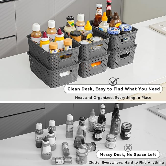10 Pack Small Plastic Storage Bins with Lids, Stackable Plastic Storage Baskets for Organizing with Handles, Organizer Bins with Labels for Room,Craft,Containers for Pantry Organizers and Storage,Grey