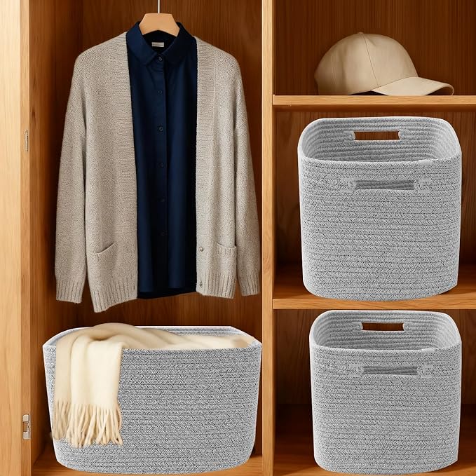 3 Pack Woven Baskets,Storage Baskets for Shelves with Handles | 13.5"×11"×9.5", Closet Baskets, Nursery Organizer for Toys Towels Books, Storage Bin for Living Room Bedroom (Mixed Grey)