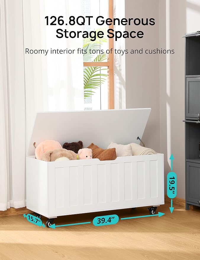 HYZ Storage Chest, 39.4'' Wooden Storage Bench with 4 Wheels & 2 Safety Hinges, Retro Toy Box Support 300 lbs for Bedroom, Living Room, Easy Assembly, White