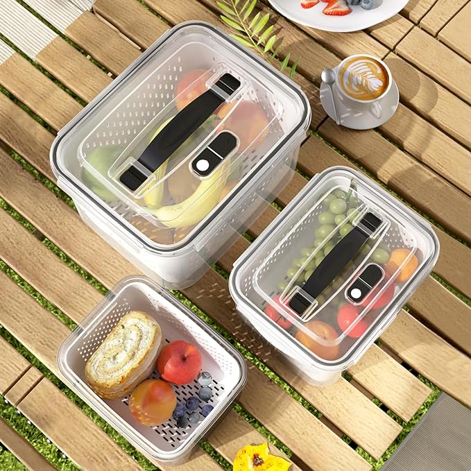 Fruit Storage Containers for Fridge with vent holes and handle，Airtight Food Storage Containers Keep Fruits, Vegetables, Berry, Meat Fresh longer,BPA-free Fridge Storage Container with Lid (3 Pack)